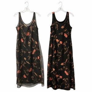 Vintage 90s Helene Blake Black Floral 2 Pc Midi Dress w/ Sheer Overlay & Slits